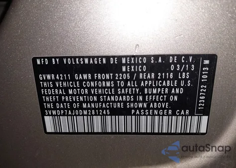 2013 Volkswagen Jetta 2.5L Se z USA, uszkodzony, nr VIN 3VWDP7AJ0DM281245